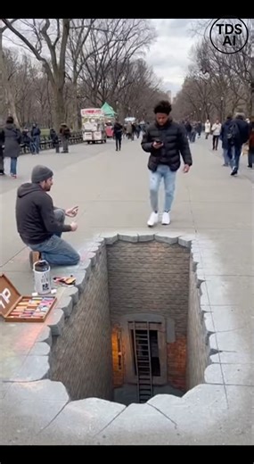 Pedestrian Falls Into Hidden Sidewalk Opening After Stepping on 3D Chalk Illusion in Chicago Park Video recorded in a busy park in Chicago captures a startling incident involving a highly realistic piece of 3D sidewalk chalk art. The footage shows a chalk drawing designed to look like a deep hole in the pavement, blending seamlessly into the surrounding walkway as park visitors pass through the area. According to the video, one person steps onto the artwork and suddenly drops out of view when th