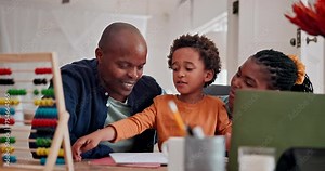 Parents, child and home school with laptop for education learning together with writing paper, abacus or mathematics. Mother, father and son talking at desk for remote lesson, student or internet