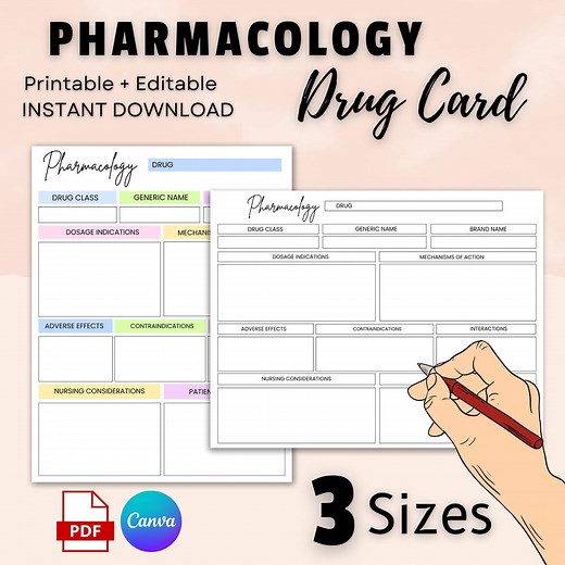 Pharmacology Drug Card Template | Printable & Editable Cards | Drug Study Cards | Pharmacy Study Material | Drug Classification Cards - Etsy