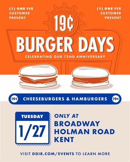 Dick's Drive-In served 19¢ hamburgers in a time where 35¢ was the norm. From January 26–29, get a hamburger or cheeseburger for 19¢ to celebrate our 72nd anniversary—see you there! | Dick's Drive In Restaurant