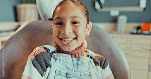 Girl, laugh and office of dentist, dental health and oral hygiene, clean and healthy teeth of kid. Chair, clinic and child with happiness for help, smile and patient for toothache, cute and results