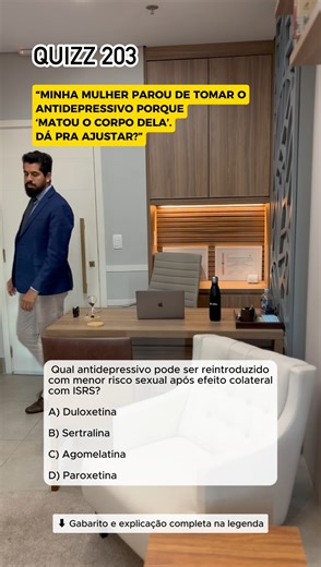 Dr Rafael Gomes - Médico Psiquiatra CRM/SP 169787 RQE 71951 on Instagram: "⬇ Gabarito e explicação completa na legenda ✅ Gabarito: C — Agomelatina Agomelatina é agonista de receptores melatoninérgicos e antagonista 5HT2C, com eficácia antidepressiva e perfil sexual neutro. 📚 Referência: Kennedy SH et al. Agomelatine: efficacy and tolerability profile. CNS Drugs. 2009. 🧠 Em mulheres que “perderam o corpo” com ISRS, agomelatina pode ser uma ponte clínica e simbólica. #agomelatina #sexualidadefem