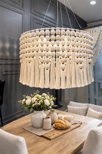 Large Boho Macrame Chandelier – Statement Dining Room Light – Handmade Tassel Ceiling Pendant - Etsy