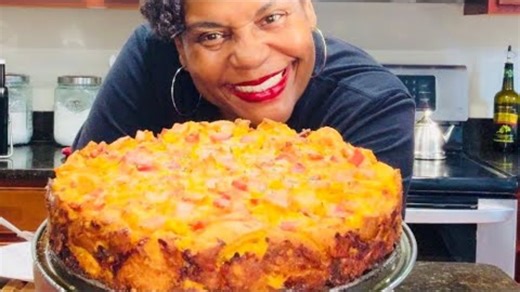 Breakfast strata that looks like a cake, easy make ahead