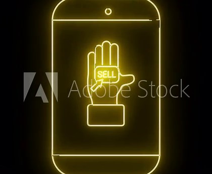 Yellow neon smartphone icon featuring a hand with SELL and a cursor on the screen