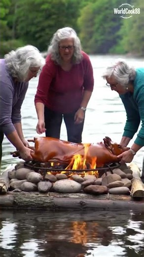 COOKING SKILL: “Five Grandmas Build a Floating Fire Pit to Roast a Huge Hog” #grandmacooks