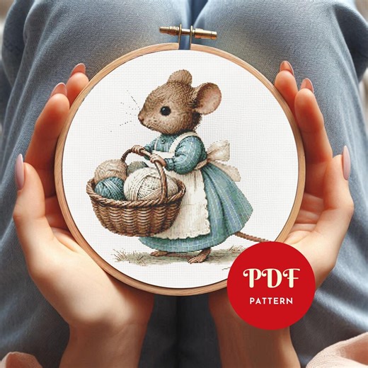 Knitting Mouse Cross Stitch Pattern, Cottagecore Embroidery Design, Needlepoint Chart, Easy Cross Stitch PDF Pattern, Instant Download,diy - Etsy