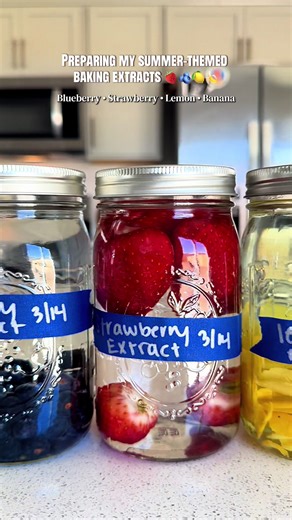 One of my favorite ways to elevate baking is making my own fruit extracts. It’s incredibly simple and they add the BEST flavor to cakes, cookies, frostings, and syrups. All I did was: • Add 1 cup of fruit to each jar (blueberry, strawberry, lemon, banana) • Top with vodka until fully covered • Seal and store in a cool dark place Now we wait 30–60 days while the alcohol pulls all the flavor from the fruit. Shake the jars every few days and you’ll end up with beautiful homemade extracts for summer