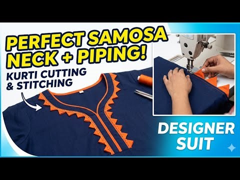 Piping with samosa neck model | kurti cutting and stitching | suit fancy neck design stitching