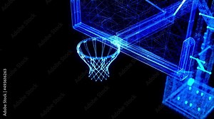 Basketball net and hoop glow line 3d Model. Blue particles and lines form basketball stand.
