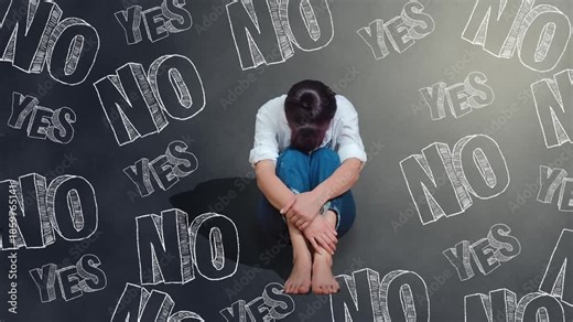 A woman, deep in thought, sits against a textured dark backdrop filled with alternating YES and NO words, depicting an internal conflict or decision-making process.