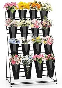 Flower Display Stand with Buckets, 4 Layers 16 PCS Buckets Plant Stand with Wheels, Movable Metal Plant Stand for Terrace Garden, Living Room, Florist Shop (Black Frame - Black Round Buckets)