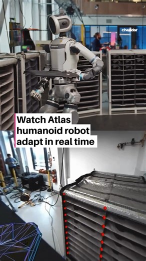 This robot doesn’t miss a beat. Boston Dynamics just dropped a new demo of its Atlas humanoid robot in action — and it's pretty wild. Atlas uses real-time perception to understand its surroundings, constantly adjusting to handle parts with precision. At one point, an engineer drops an engine cover and Atlas reacts. It notices the drop, scans the area, finds the part, figures out how to grip it, and places it exactly where it belongs. | cheddar news
