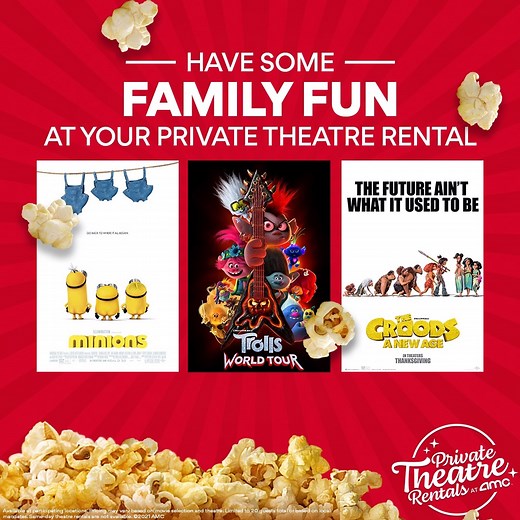 3.3K views · 30 reactions | Enjoy family faves on the big screen! Reserve a Private Theatre Rental at AMC for your family to see one of these family friendly films starting at $99+tax. Extend an invitation to your friends, up to 20 total guest. Book Now: https://amc.film/2J9dLgf | AMC Theatres | Facebook