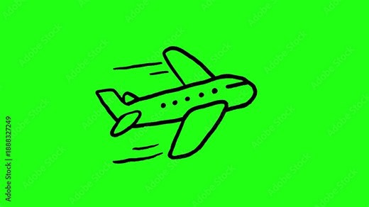 4K Hand drawn plane frame by frame animation on chroma key green screen background.
