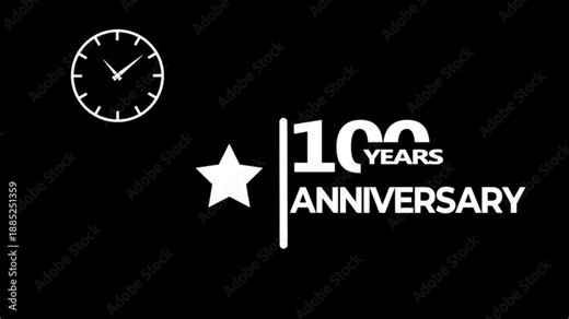 100 years anniversary motion graphic 4K footage with star. Animated design showing a clock and star symbol with 100 years anniversary text. Animated 100 years Birthday Wishes with black background.