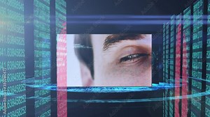 Human hand and eye scanning against cyber security data processing Stock Video