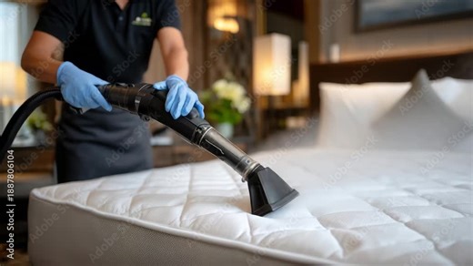 405Close-up of steam extractor nozzle gliding over mattress edge, side view of bedroom furniture in background, employee’s gloved hands controlling device, focus on hygiene and cleanl