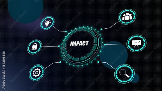 Impact concept for business influence and social responsibility showing digital hud interface with icons for global effect, strategy, and results