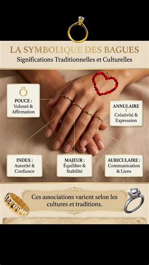 👉le saviez-vous ? La Symbolique des Bagues selon les Doigts : Ce que chaque doigt révèle Dans de nombreuses cultures et traditions, le choix du doigt sur lequel on porte une bague ne doit rien au hasard. Chaque doigt possède sa propre signification symbolique. 🖐️ LES 5 DOIGTS ET LEUR SIGNIFICATION : Pouce — Volonté et affirmation de soi. Ce doigt représente l'énergie personnelle, la force intérieure et la détermination. Index — Autorité et confiance. Traditionnellement lié au pouvoir, au leade