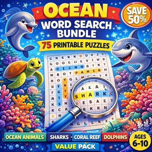 Ocean Animals Word Search Bundle 75 Printable Puzzles Kids Ages 6–10 - Etsy