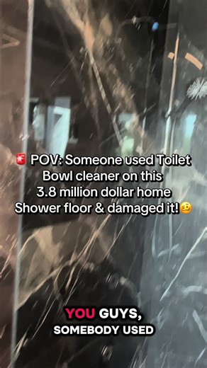 Please don’t use toilet bowl cleaner anywhere other than the toilet. Someone used toilet bowl cleaner in this 3.8 million dollar home mater shower floor. The damage is visible just bc the floor is black stone it doesn’t mean it’s not visible. I noticed during the walkthru and let the homeowner know right away. What is safe to use on stone shower? I like to use Stonetech, Athos or Dawn!! #fyp #beforeandafter #damage #toiletbowlcleaner #no