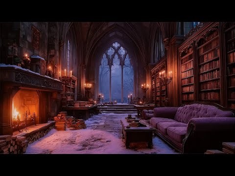 Cozy Winter Library Ambience | Dark Academia Music & Fireplace Sounds for Reading & Relax