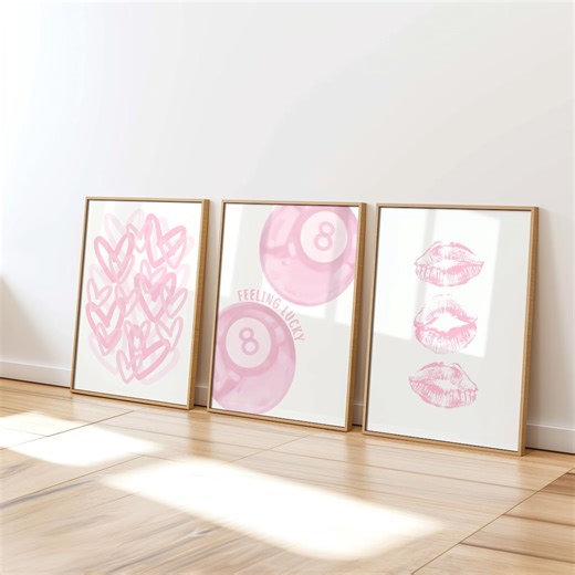 Pink Dorm Room Prints Set of 3, Light Pink Trendy Wall Art, Girly College Apartment Posters, Feeling Lucky 8 Ball Print, Digital Download - Etsy