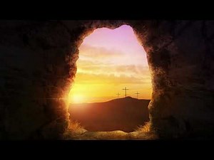 Risen From Easter Sunday Morning Grave With Three Crosses In Distant Sunrise Sky Worship Background