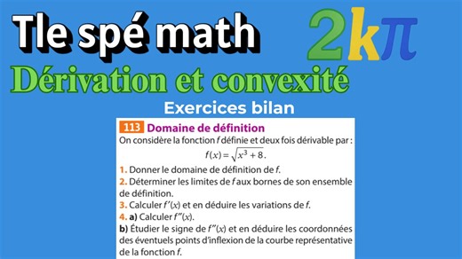 Eudès FaireLesdeuxkpi on Instagram: "113p160 Variations et convexité de √(x³ + 8) Exercice bilan Étude rapide de la fonction f(x) = √(x³ + 8) Dans cette vidéo : • Domaine de définition • Limites aux bornes du domaine • Dérivée et tableau de variations • Deuxième dérivée et étude de la convexité • Recherche des points d’inflexion éventuels Une vidéo claire, courte et efficace pour réviser l’analyse en Terminale. 👉 Soutiens mon travail sur Tipeee : https://fr.tipeee.com/faireles2kpi 📘 Suis-moi a