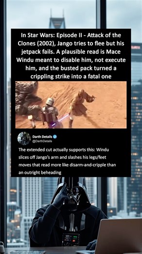 In Attack of the Clones (2002), Mace Windu vs Jango Fett. Jango tries to flee, but his jetpack fails