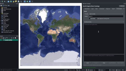 An AI assistant for Google Earth Engine is now available in QGIS!You can explore and visualize any dataset from the 80+ PB Earth Engine Data Catalog using natural language, and run scalable geospatial analysis on demand without writing code. Every interaction automatically generates reusable code, making it easy to reproduce results, customize workflows, and transition from no-code to full scripting when needed.Upgrade the plugin to get started and bring AI-powered geospatial analytics directly 