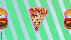 Seamless young animation of slices of pizza and hamburgers. Stop motion minimal comic teenager style background. Fast food pop art concept. Contemporary art collage.