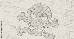 Cyber crime with skull symbol project creating. Abstract concept of darknet, internet safety, cyber attack, theft, virus and piracy 3d animation. Drawing digital scheme line of futuristic idea.