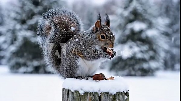 Grey squirrel with bushy tail sits on snowy fence post eating a nut.