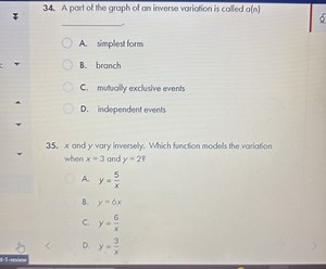 A part of the graph of an inverse variation is called a(n)\qqu... | Filo