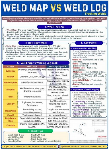 Weld Map vs Weld Log — Tracking Welds Effectively 🔥 Visit weldfabworld.com Weld Mapping shows where each weld is located, while the Weld Log records what, how, and who welded it. Together, they ensure full traceability, quality control, and compliance with ASME, ISO, and client requirements. 🚀 What They Are A Weld Map is a visual representation of the project (e.g. isometric drawing), with unique identifiers like W1, W2 inside geometric shapes showing the exact weld location. A Welding Log Boo