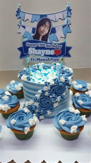 Blue stripes & rosettes 4x3" with 12pcs mini cupcakes Vanilla chiffon #bluestripescake #bluestripes #bluewhitecake #minicakepackage | Cake at Home | Facebook