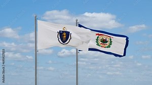 West Virginia and Massachusetts US state flags waving together on cloudy sky, endless seamless loop