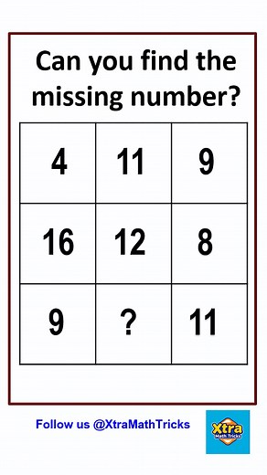 Can youfind the missing number? Answer in the Comment box. IQ Test | Riddles | Solve the puzzle | Maths Reasoning | Math Puzzles | Math Tricks #mathtricks #mathstricks #iqtest #riddles #puzzles #mathpuzzle #puzzletime #reasoning #feeds #reelsforyou #explore #foryou | Xtra Math Tricks