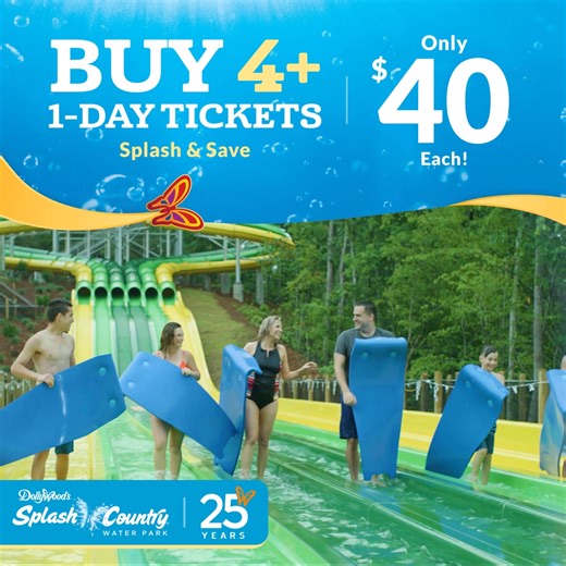3.6K views | Splash into summer savings with friends at Dollywood’s Splash Country! For a limited time, buy 4 or more 1-Day tickets for $40/ticket. | Dollywood | Facebook