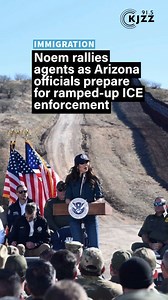 Speaking to Border Patrol, ICE and other federal agencies at the Arizona border on Feb. 4, 2026, DHS Secretary Kristi Noem touted the declining number of border arrests under the Trump administration. 📹 Alisa Reznick/KJZZ | KJZZ Phoenix