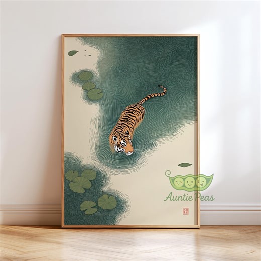 Tiger Swimming in Lotus Pond Wall Art, Japanese Animal Print, Minimalist Nature Poster, Japandi Tiger Art, Zen Decor, Green Botanical Print - Etsy