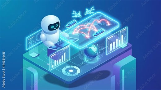 Futuristic robot artificial intelligence data hologram flight map travel technology dashboard digital global network airplane analysis chart interface innovation automation computer earth world