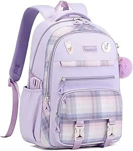 Girls Backpack for School, Kawaii Bookbag for Teen Multiple Pockets Kids Backpack for Primary Elementary Middle School, Age 6-14,Purple