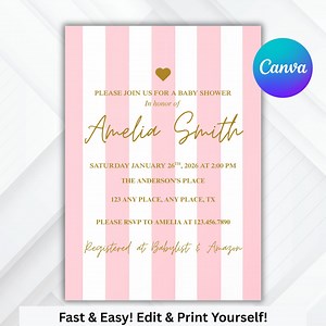 Pink & Gold Baby Shower Invitation | Elegant Striped Baby Shower Invite | Editable Baby Shower Invitation | Instant Download - Etsy