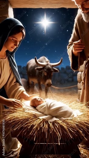 Nativity Scene of Baby Jesus - This is a depiction of the birth of Jesus Christ. Mary and Joseph are seen watching over the baby Jesus lying in a manger filled with hay, with the Star of Bethlehem