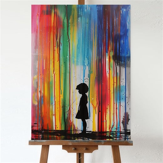 Colorful Abstract Wall Art, Little Girl Silhouette Canvas Print, Rainbow Drip Painting - Etsy