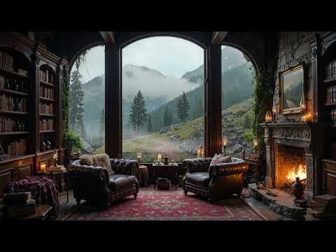 Cozy Scottish Highland Mountain Library: Rainy Afternoon 🌧️, Celtic Fiddle & Fire | Dark Academia
