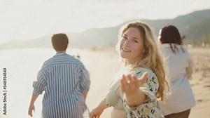 Cinematic storytelling footage of beautiful plus size women having fun at the beach in the summertime. Oversized big girls friends, representation of body positivity and body acceptance concepts